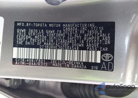 2016 Toyota Corolla Le из США, поврежденный, VIN 2T1BURHE3GC564548